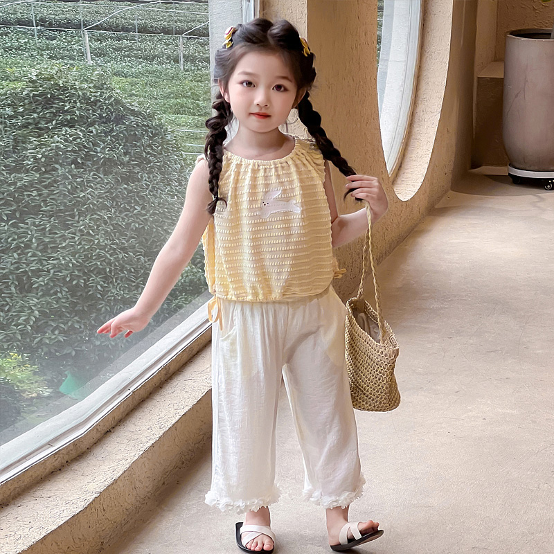 女童夏装套装2025新款儿童韩版洋气卡通女宝宝夏季阔腿裤两件套潮