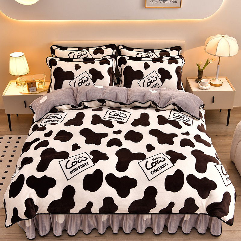 【AB面】牛奶绒高克重加厚加密保暖卡通印花床裙款双面绒加厚四件套