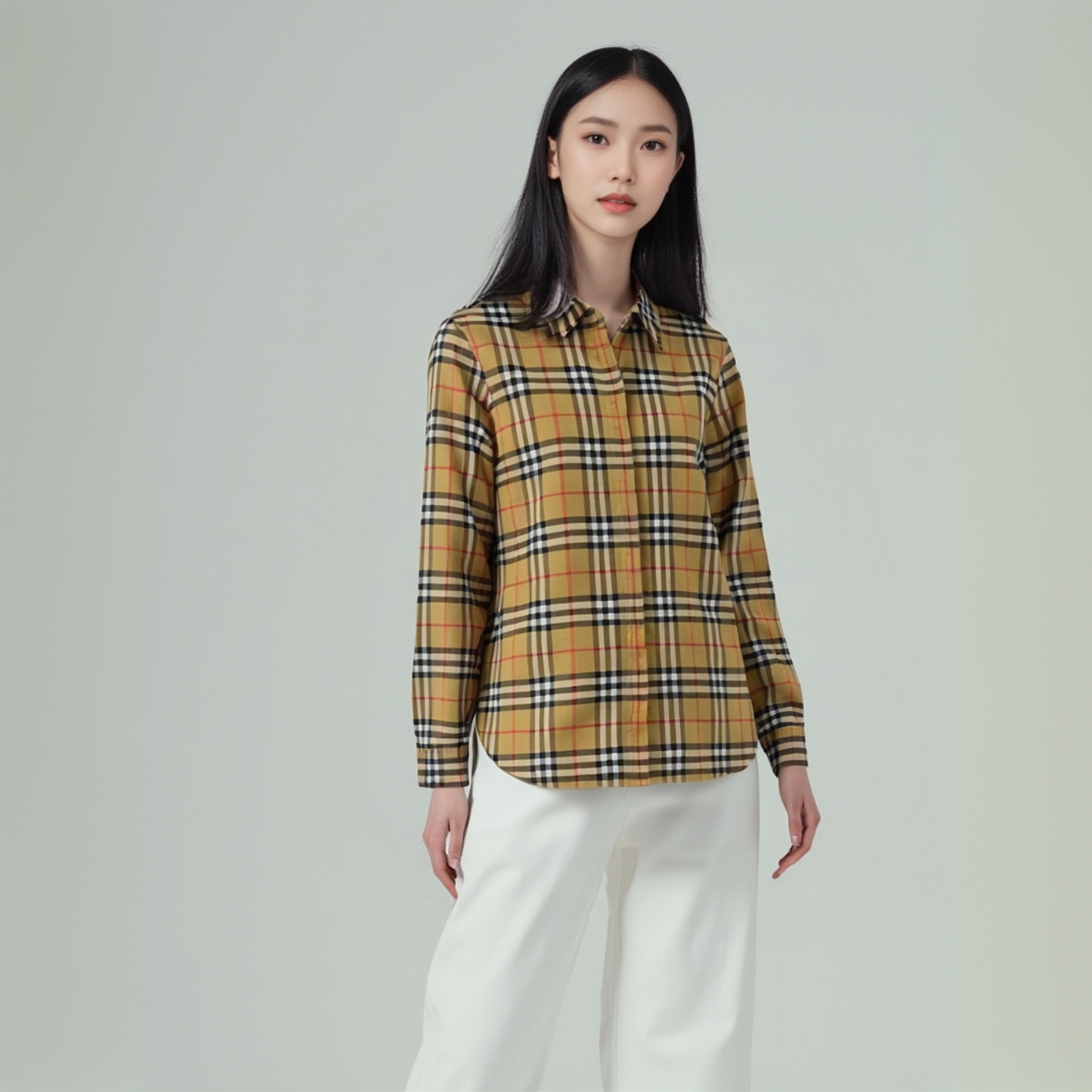 全新未使用 BURBERRY/博柏利 12833577 格纹翻领衬衫 驼色 UK6码