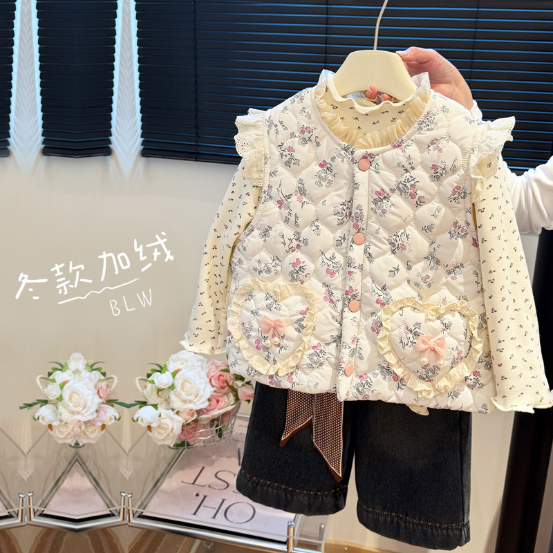 女童秋冬款加绒马甲儿童春秋装休闲外穿碎花马甲宝宝洋气上衣外套