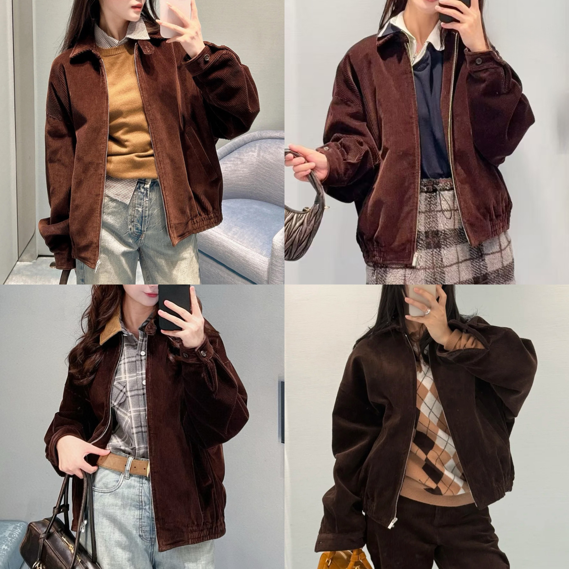 「QX高定」男女同款咖啡灯芯绒翻领夹克外套