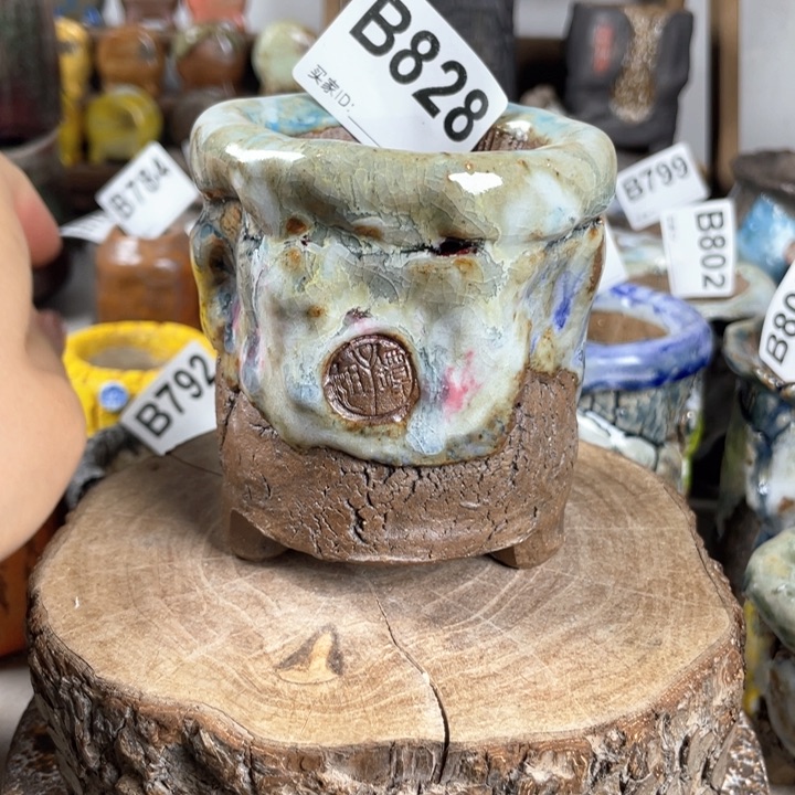 紫砂花盆孤品 不规则油画山石小老桩 内口5.5