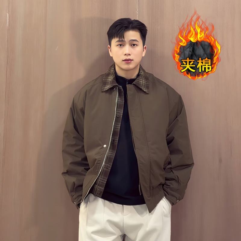 美式宽松格子假两件三防夹棉加厚翻领棉服美拉德穿搭棒球服外套