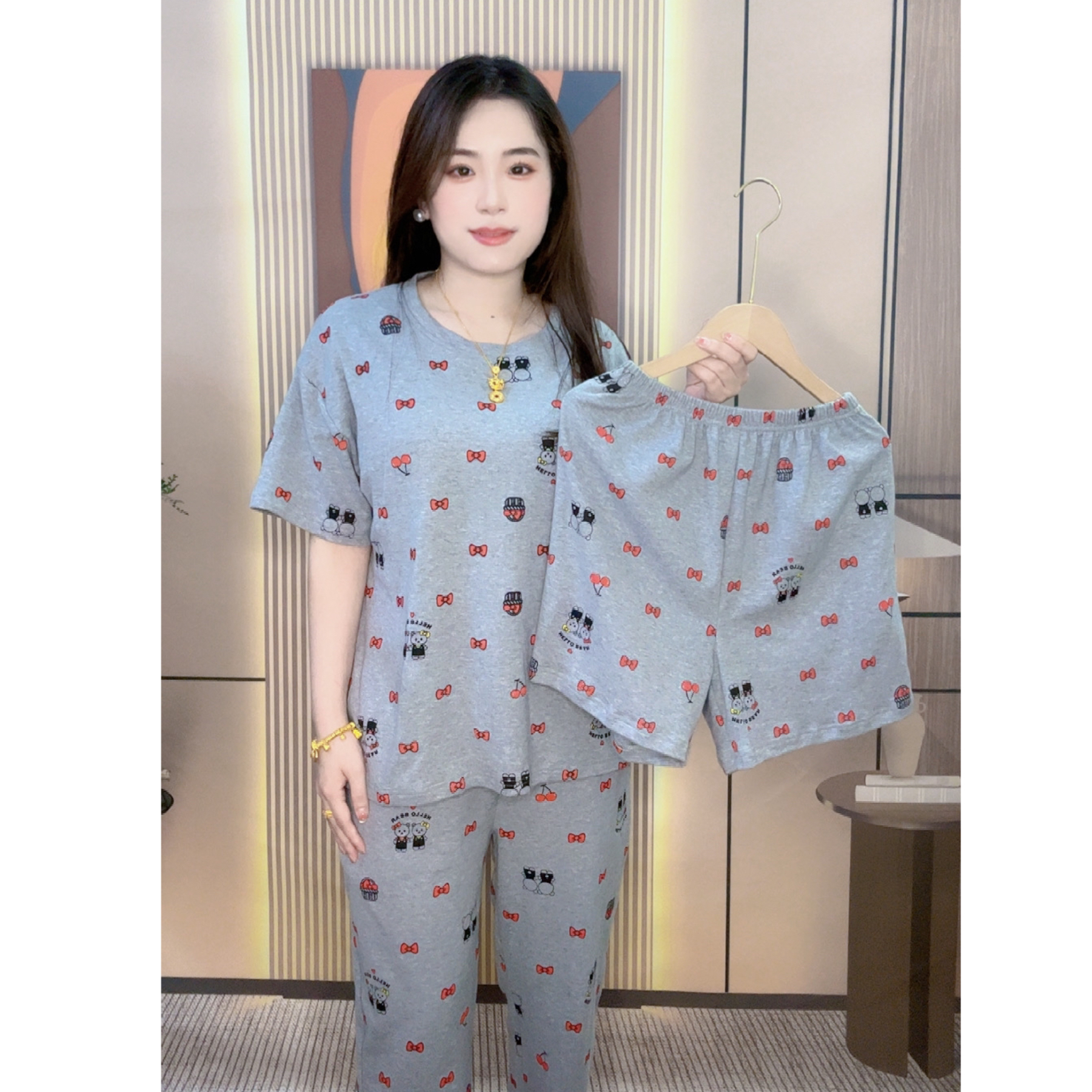 预计2小时发货带胸垫（拍一发三）短袖长裤+短裤夏季家居服睡衣女士