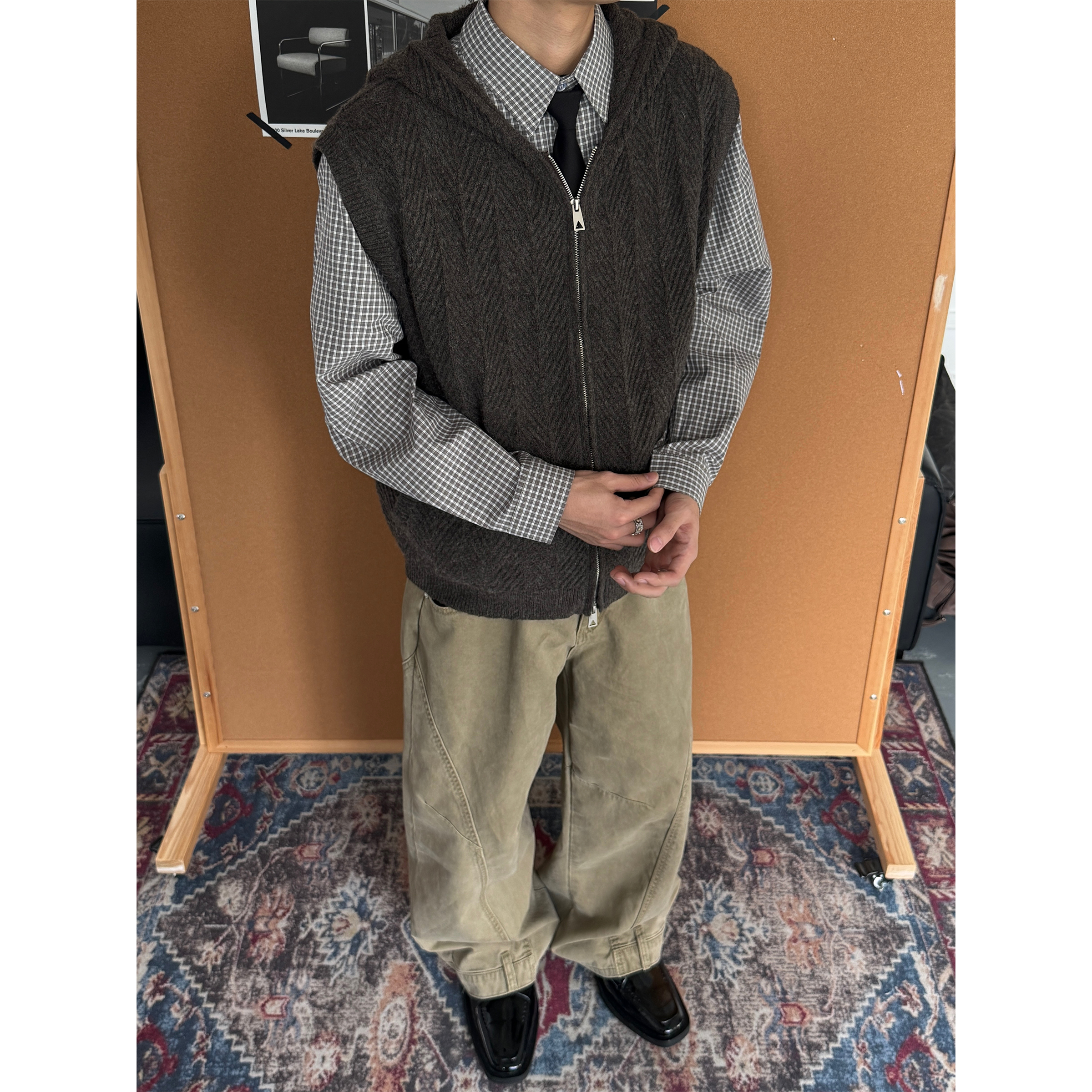 CZ2肌理感羊毛混纺马甲美式复古短宽开衫连帽背心男女毛衣针织衫