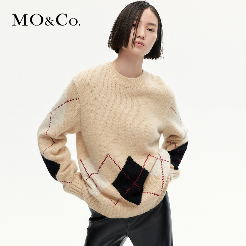 【达播用链接】MOCO冬高比例绵羊毛菱格纹宽松廓形毛衣MBC4SWT036