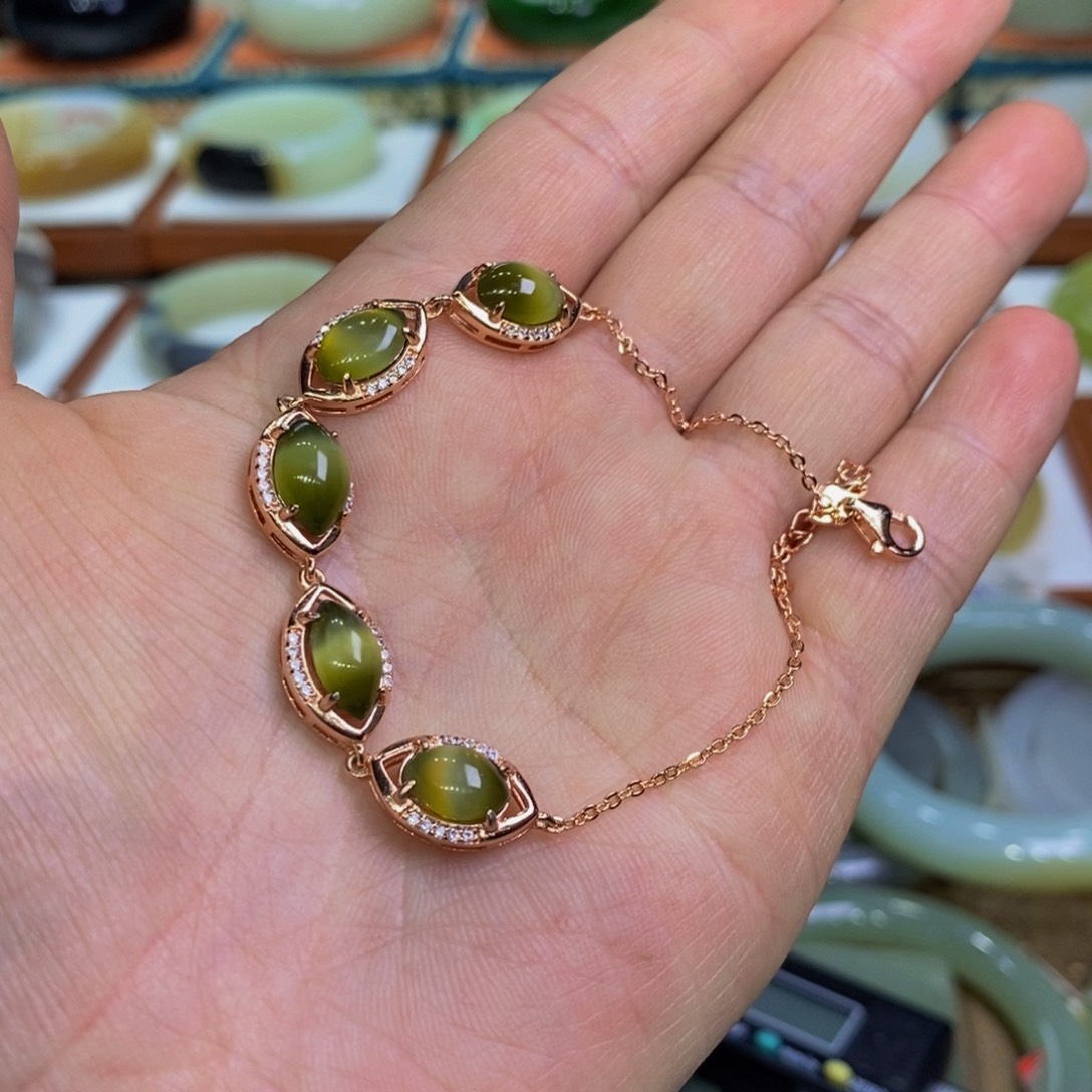 和田玉碧玉猫眼一线天手链银S925镀金镶嵌