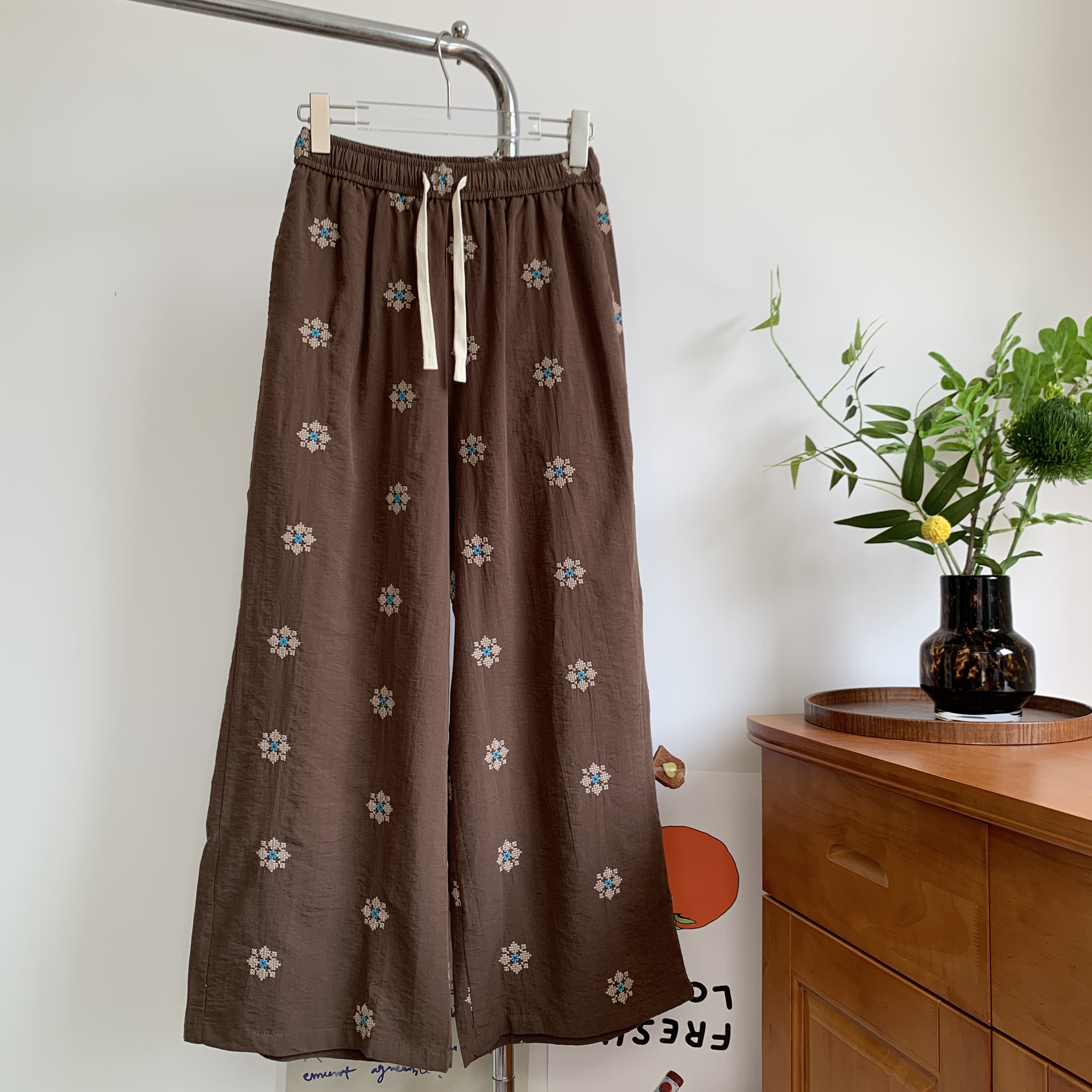 【花花裤】松紧腰刺绣阔腿长裤