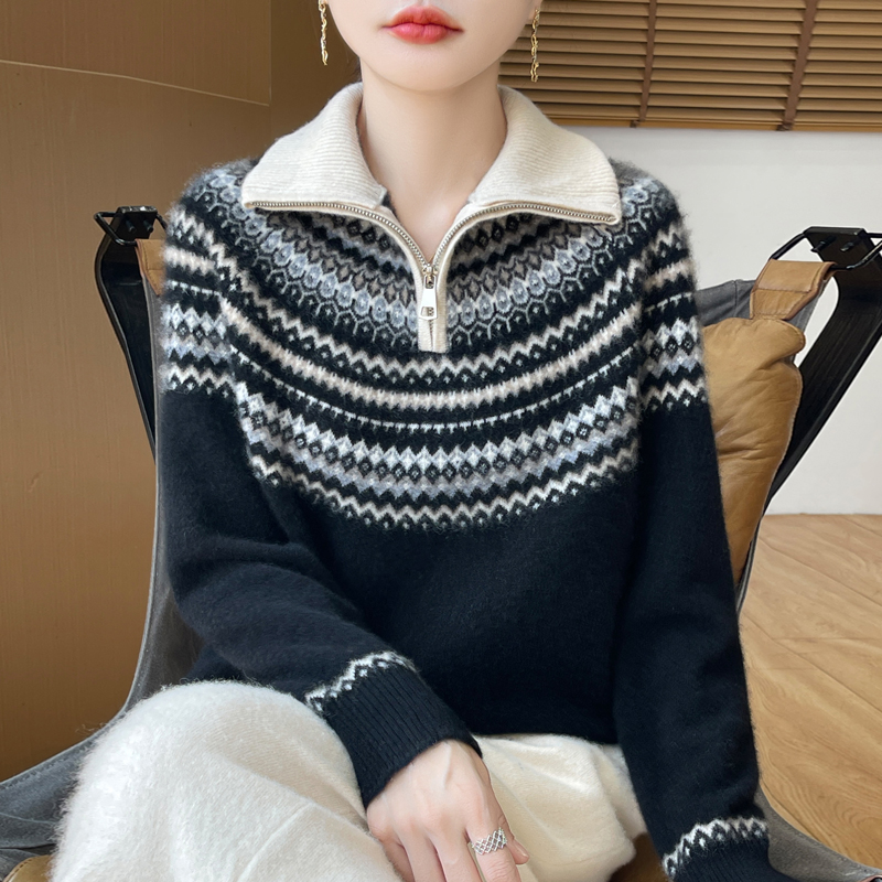 新款半开拉链立领加厚复古撞色费尔岛提花羊绒衫