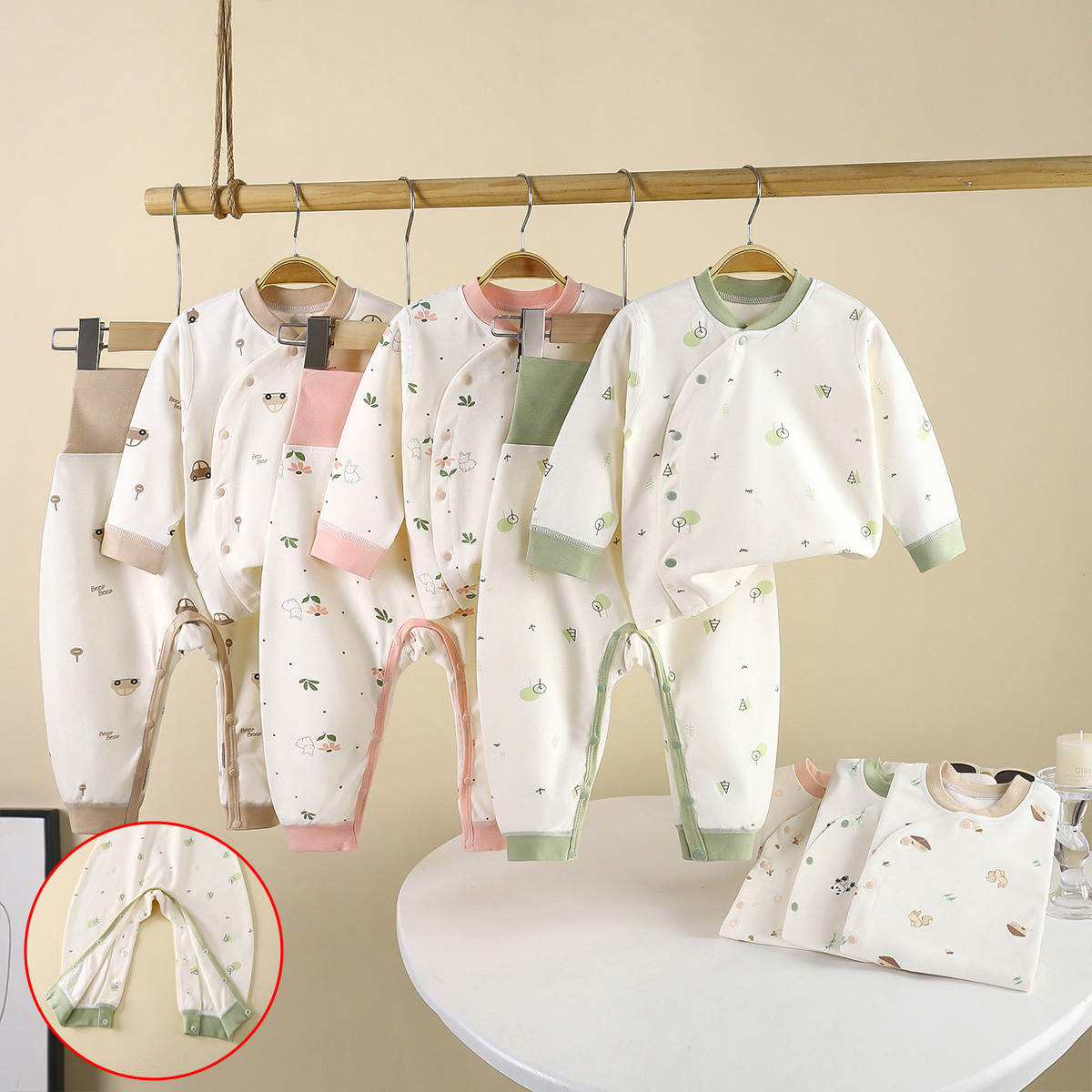 新生儿宝宝分体套装纯棉无骨长袖秋衣秋裤免脱高腰护肚裤春秋打底