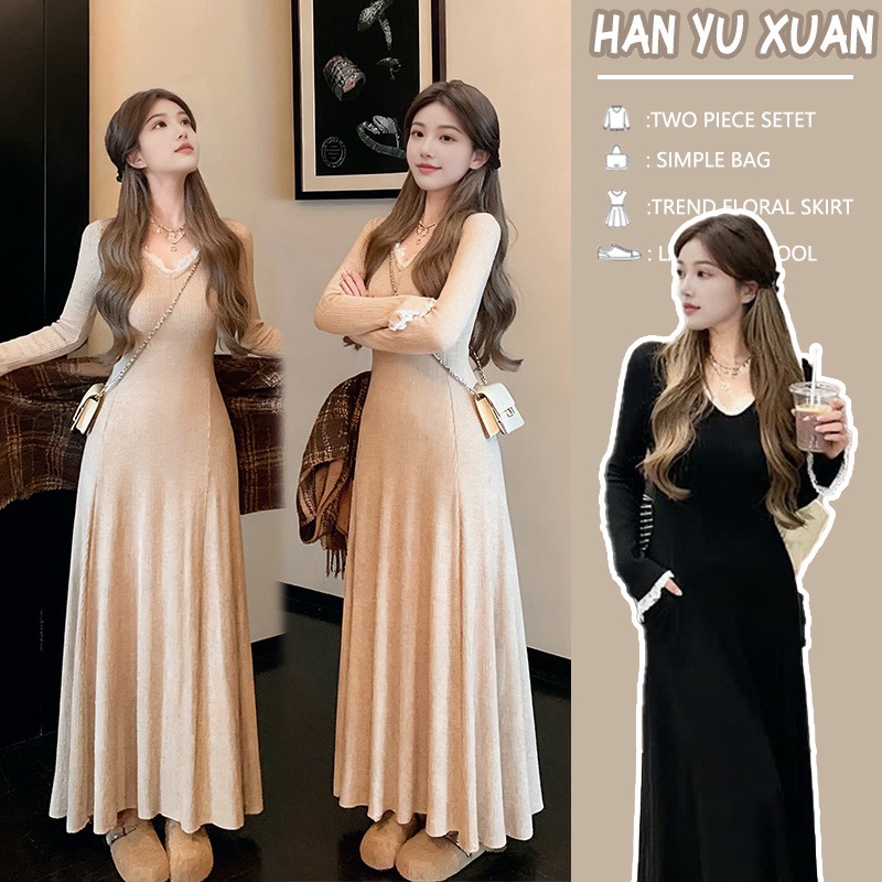 孕妇装2025秋冬新款孕妇韩版时尚设计感针织蕾丝拼接长袖连衣裙