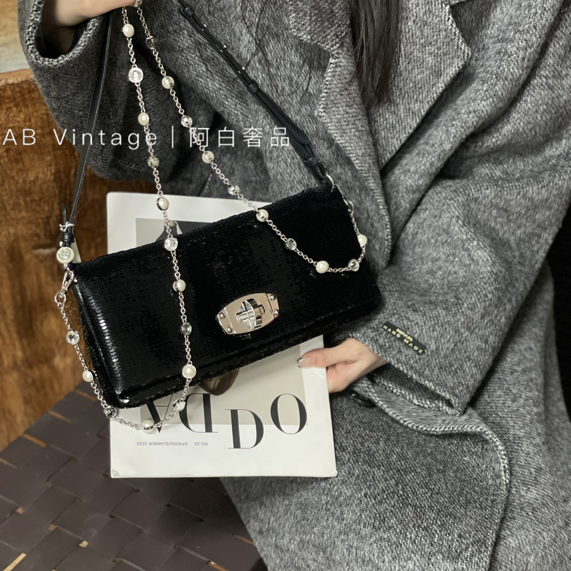95新 MIU MIU/缪缪 阿白奢品/缪缪 黑色亮片单肩包