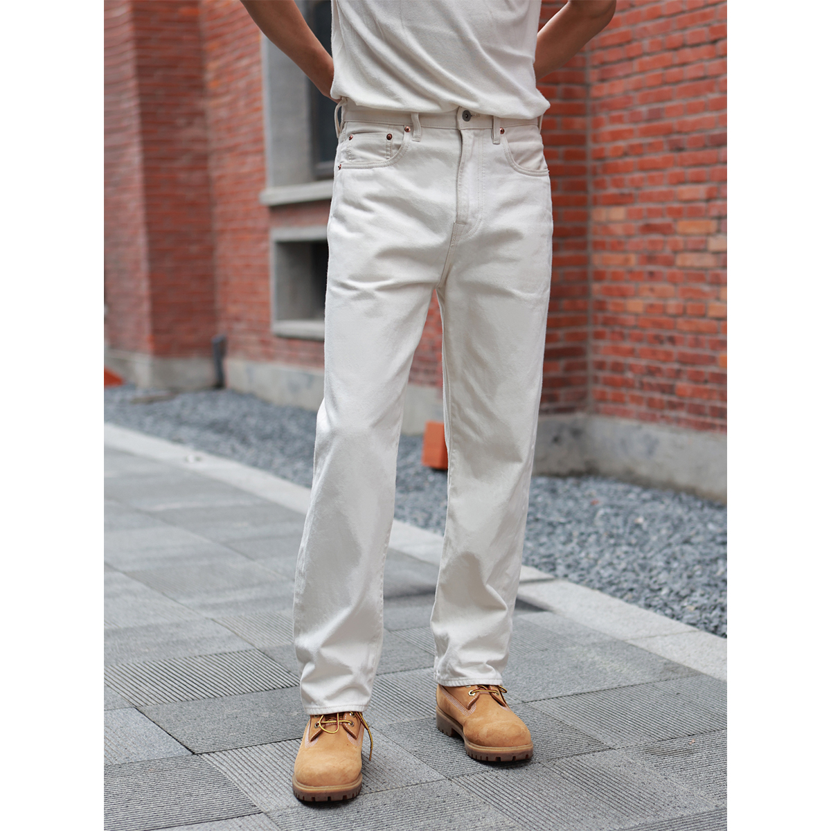 吉松林WEEJI 男士复古休闲赤耳直筒牛仔裤13.8oz全棉米白长裤
