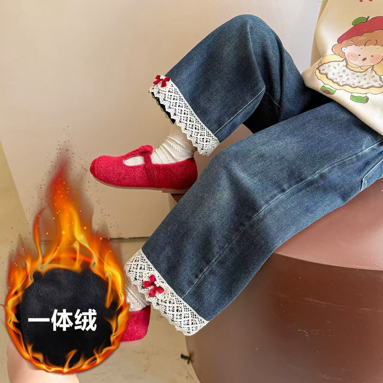 2025女童加绒牛仔裤秋冬季新款洋气宽松休闲保暖一体绒中小童