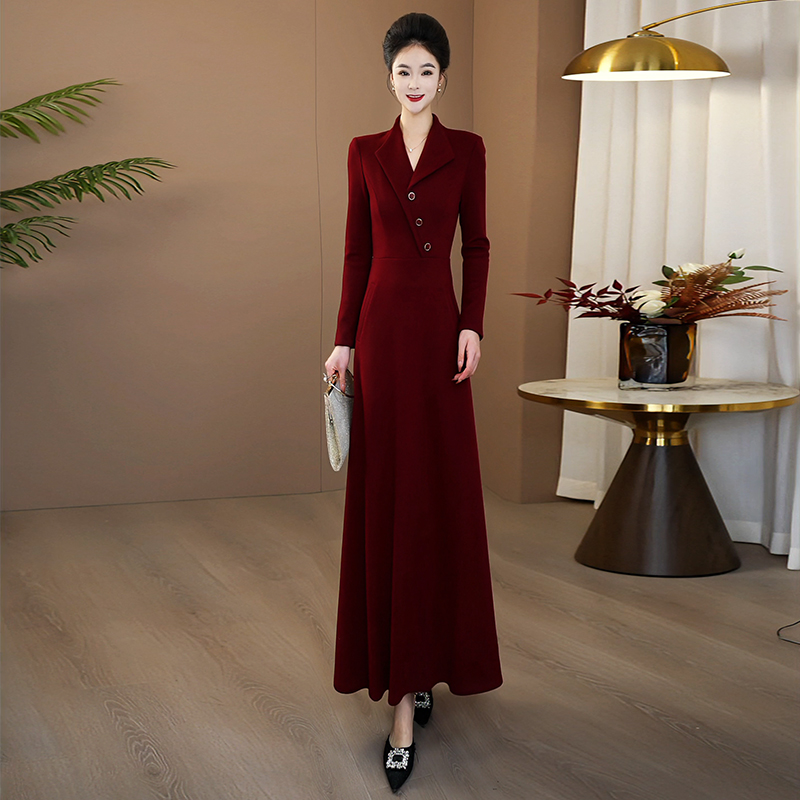 酒红色宴会礼裙秋高端连衣裙2025新款收腰显瘦时尚气质长裙1062
