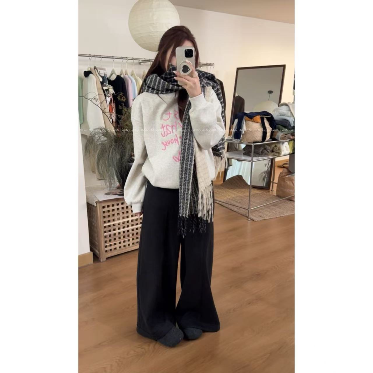 【mooi】'灰粉律动'秋冬新款韩版ins风小众设计感加绒卫衣