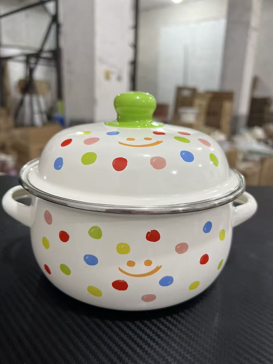 18公分波点笑脸搪瓷奶锅