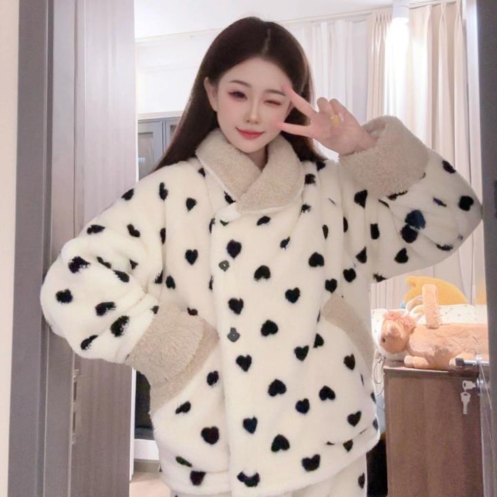 专柜正版货冬季毛茸茸加厚保暖睡衣长袖可爱休闲家居服女外穿波点
