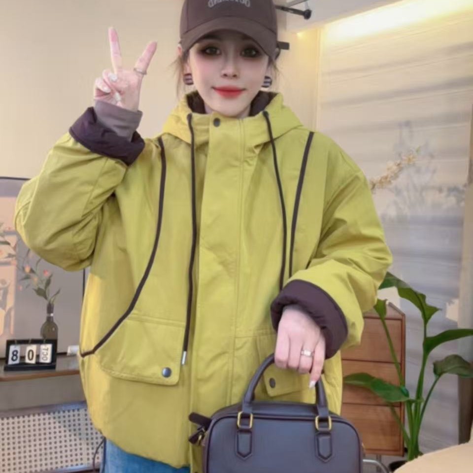 乐乐一件过冬加绒加棉过冬拼接连帽洋气百搭保暖冬季女款棉衣外套