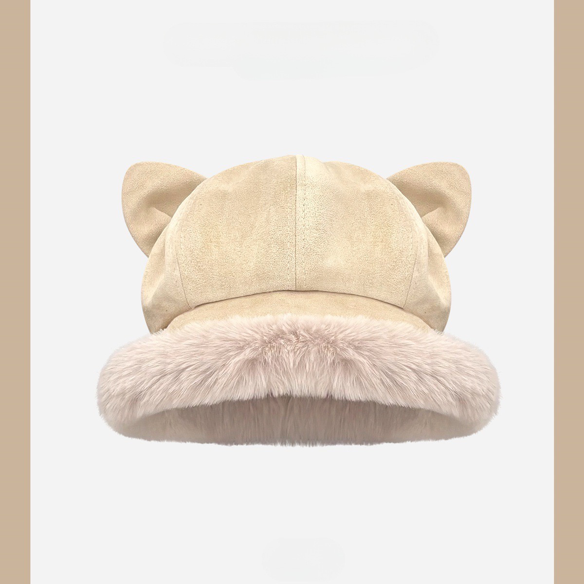 秋冬新款日系复古麂皮绒猫耳朵毛绒渔夫帽冬天帽子女保暖显脸小