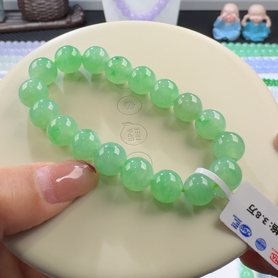 翡翠手链未镶嵌甜绿飘绿花单圈10+mm