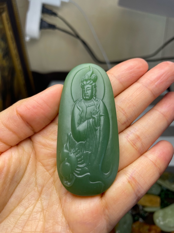 碧玉手工观音男士款双面精雕观世音菩萨玉石挂件