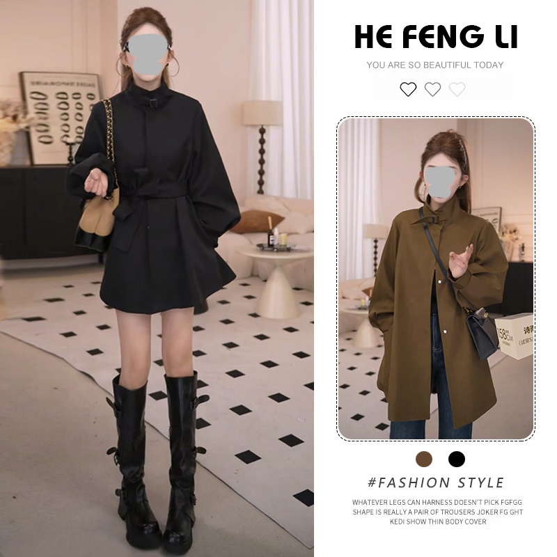 【巴黎旧梦】韩版新款时尚百搭设计感休闲灯笼袖纯色中长款风衣