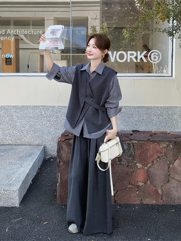 不规则马甲条纹衬衫阔腿裤套装女春秋季松弛感三件套大方得巨好看