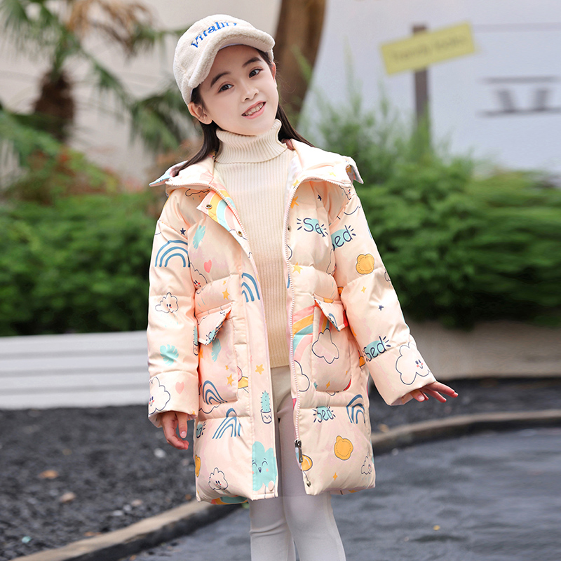 女童羽绒服中长款2025新款洋气韩版中小童冬季加厚儿童白鸭绒外套