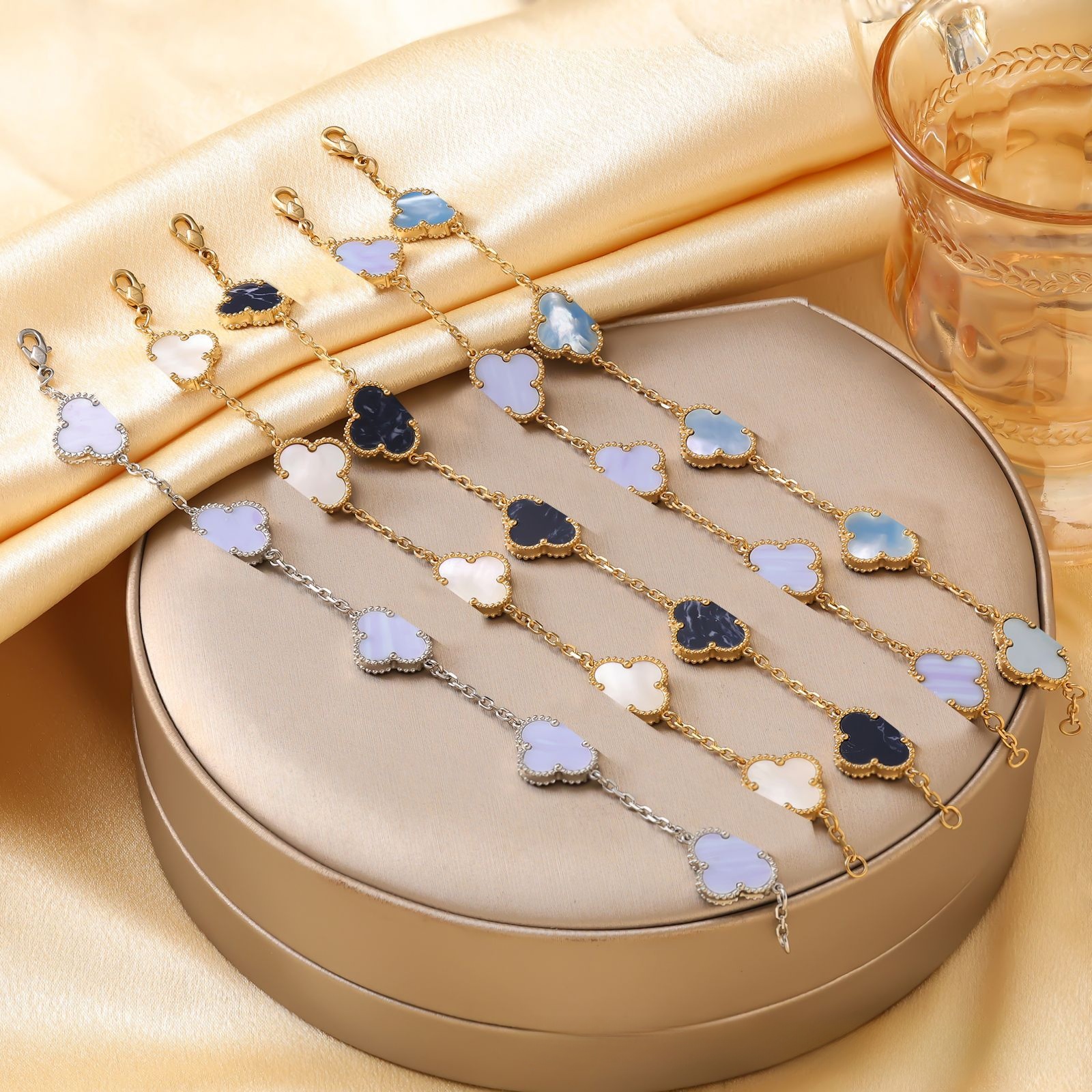 钛钢手链 变色粉贝双面四叶草手链女钛钢五花小众高版本