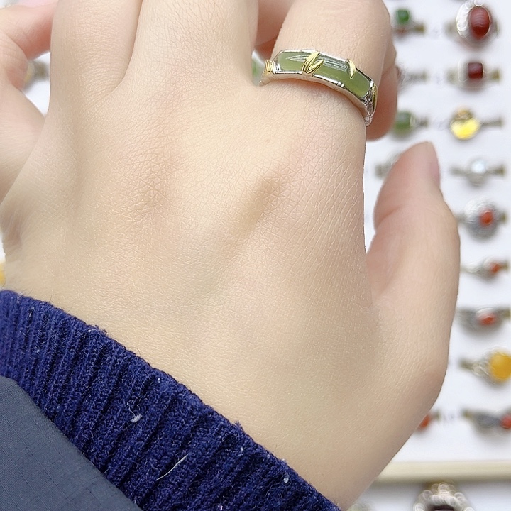 和田玉戒指银S925镶嵌天然