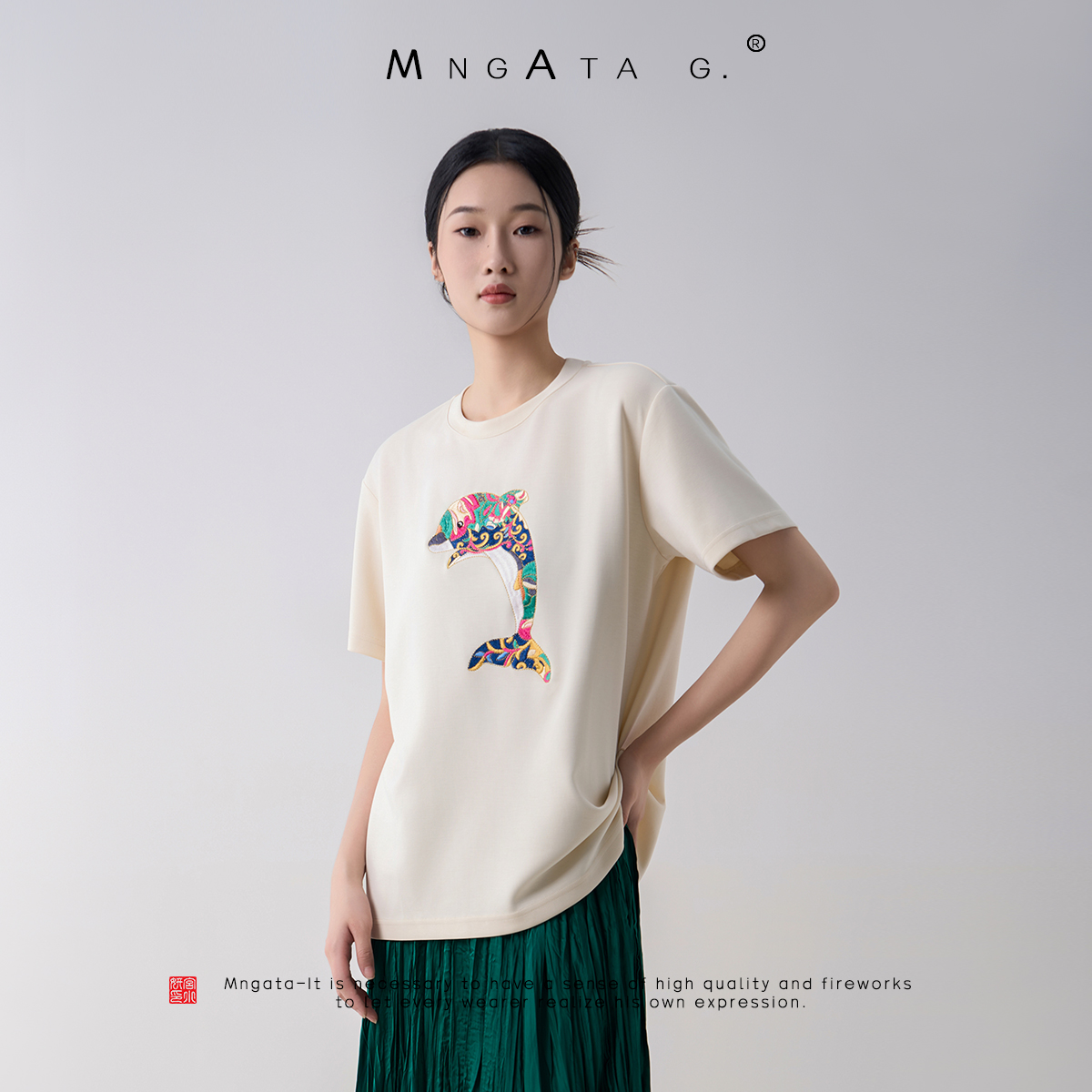 MNGATA G.宫小妍 【彩绣·小海豚】夏日新中式穿搭中国风T恤4X040584
