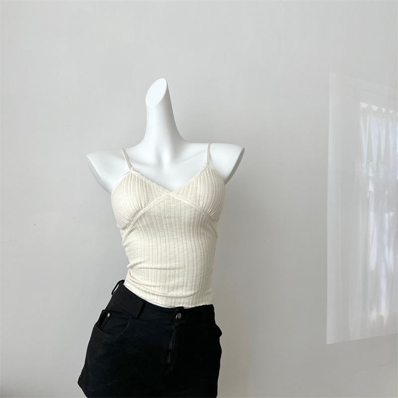 新款蕾丝纯欲吊带背心女白色显瘦百搭辣妹带胸垫外穿内搭打底上衣