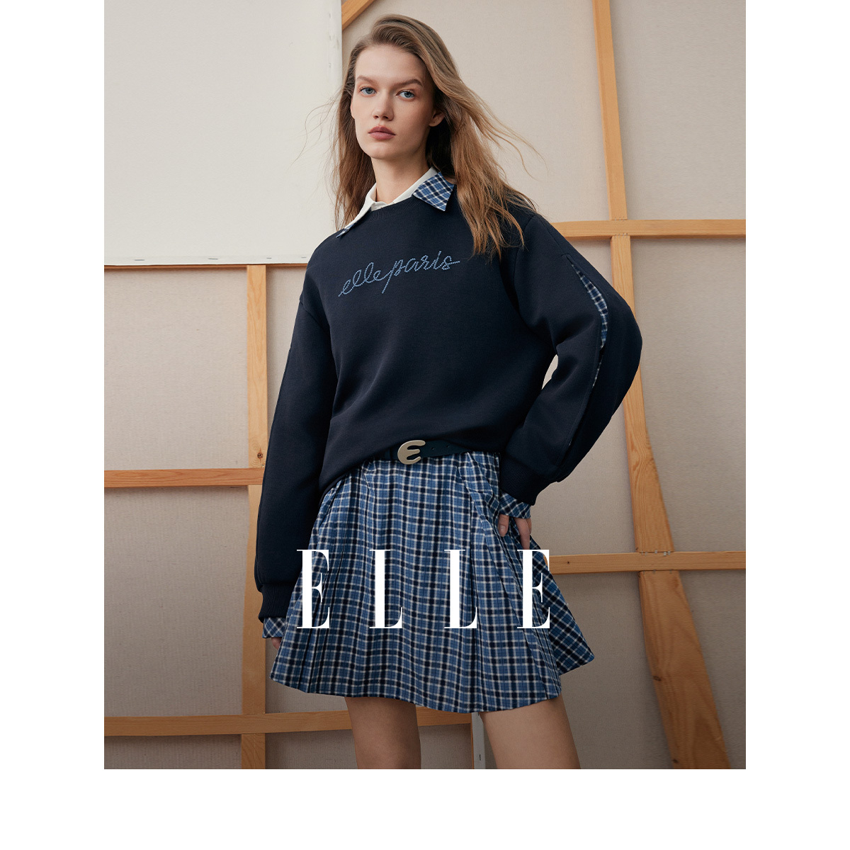 ELLE女装格纹拼接圆领卫衣2025秋季新款时髦通勤休闲优雅EW51721