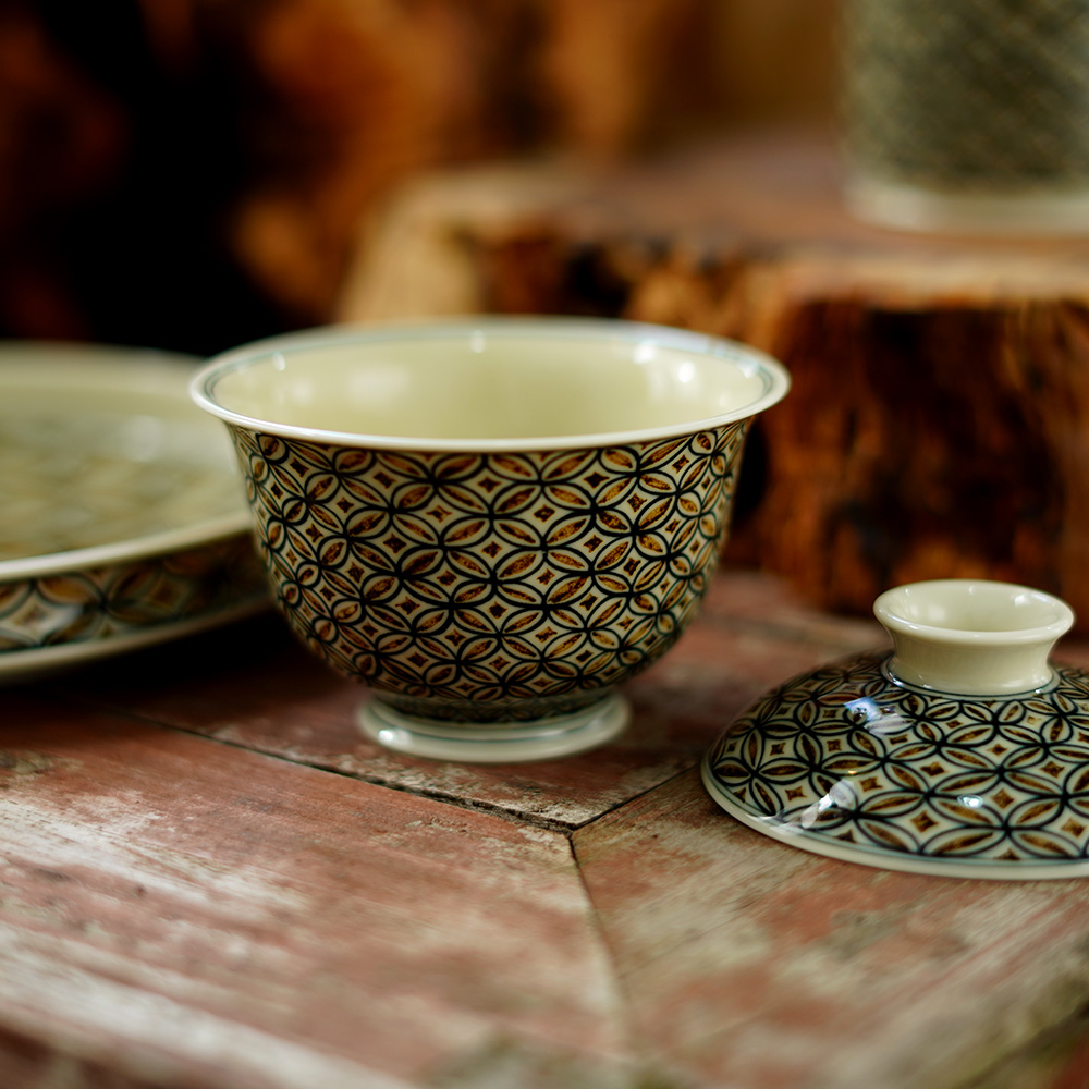 景德镇手工手绘铜钱纹盖碗