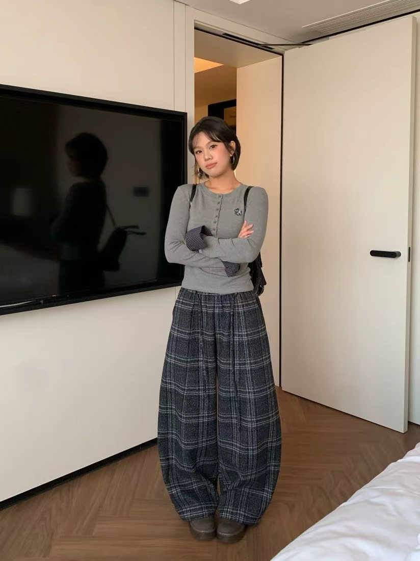 Rainbow-022160#加厚高腰抽绳格纹阔腿弯刀直筒裤