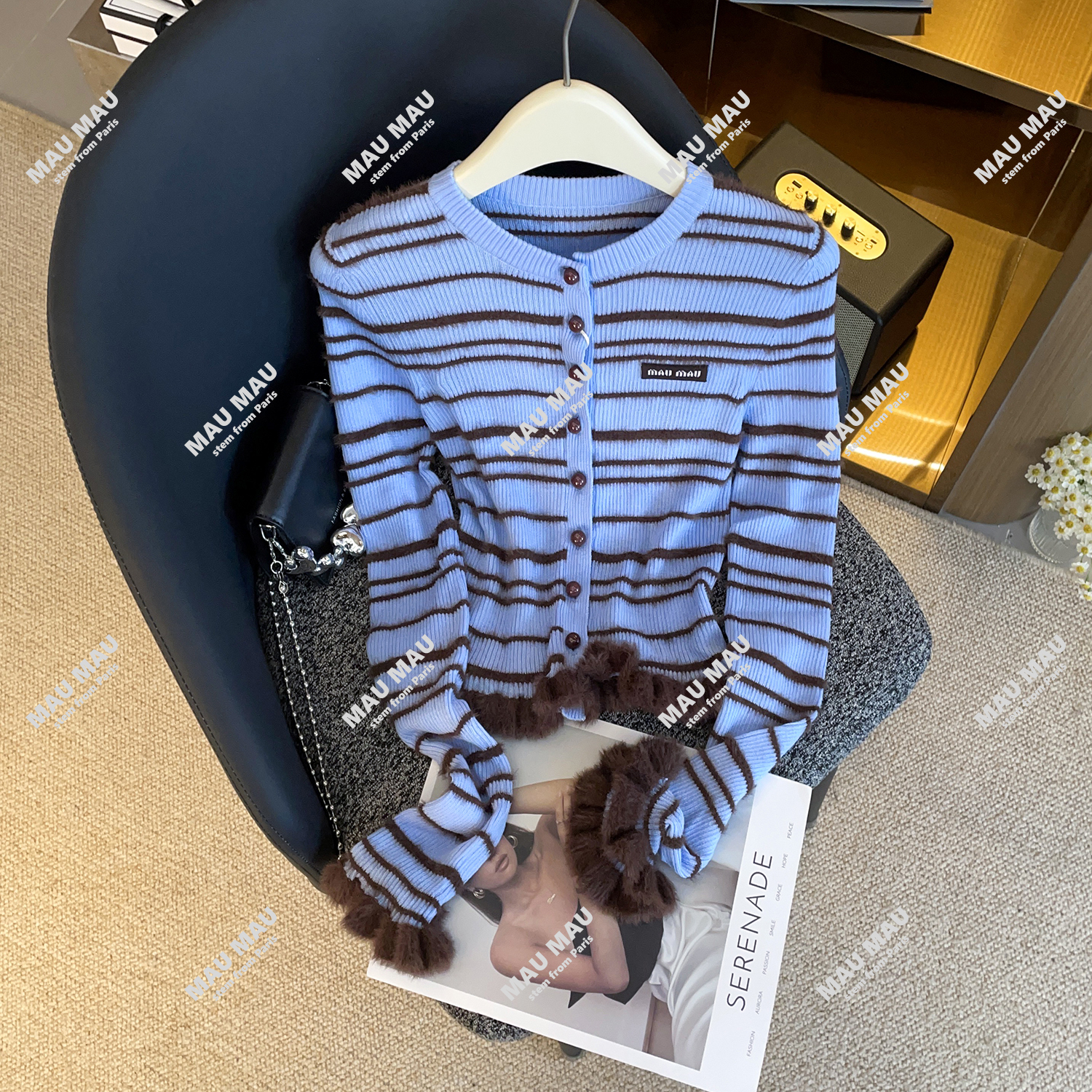 2025新款韩系甜妹撞色条纹毛茸针织衫开衫女 DY8841