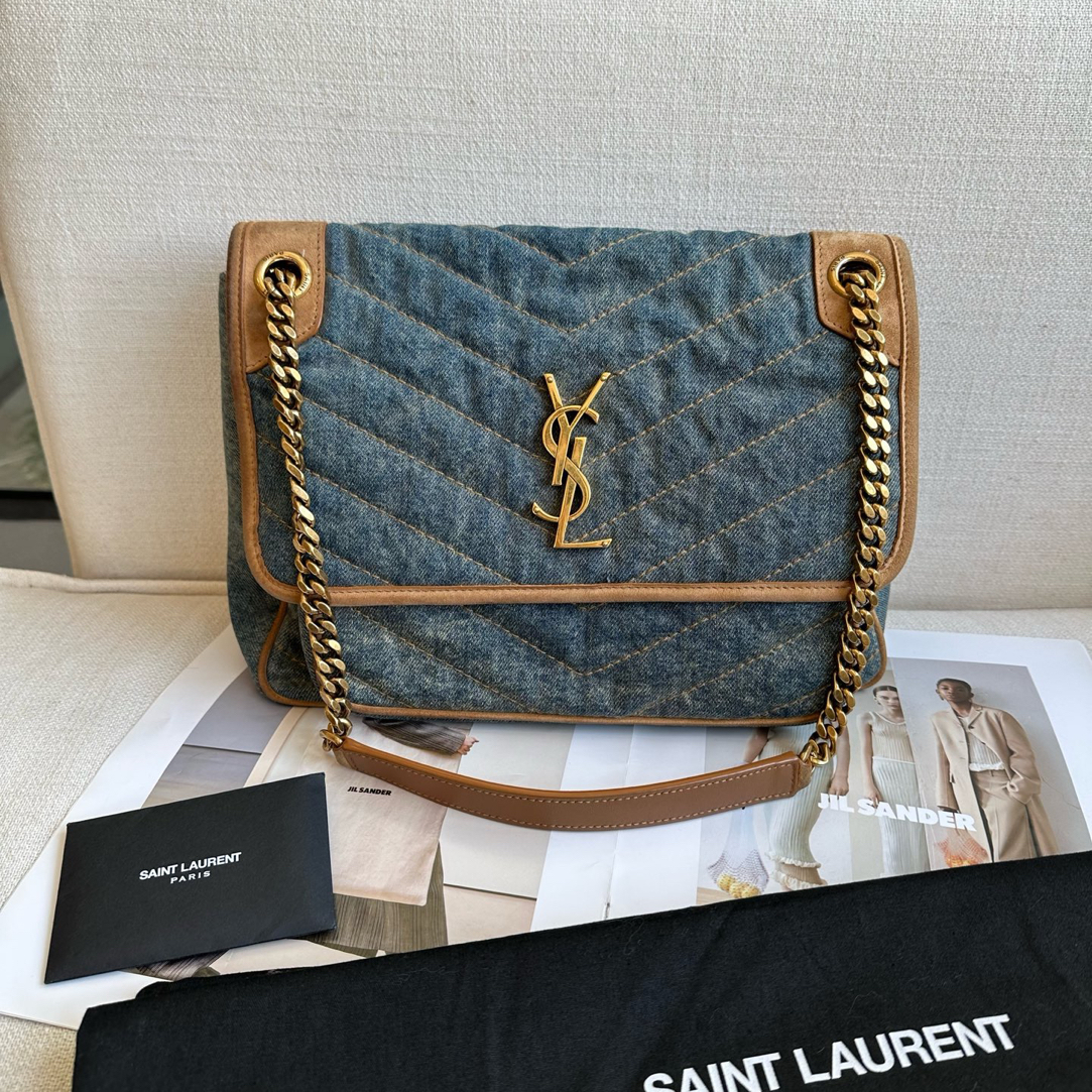 95新 YSL/圣罗兰 95新-Niki中号牛仔拼棕色光滑麓绒单肩斜挎包