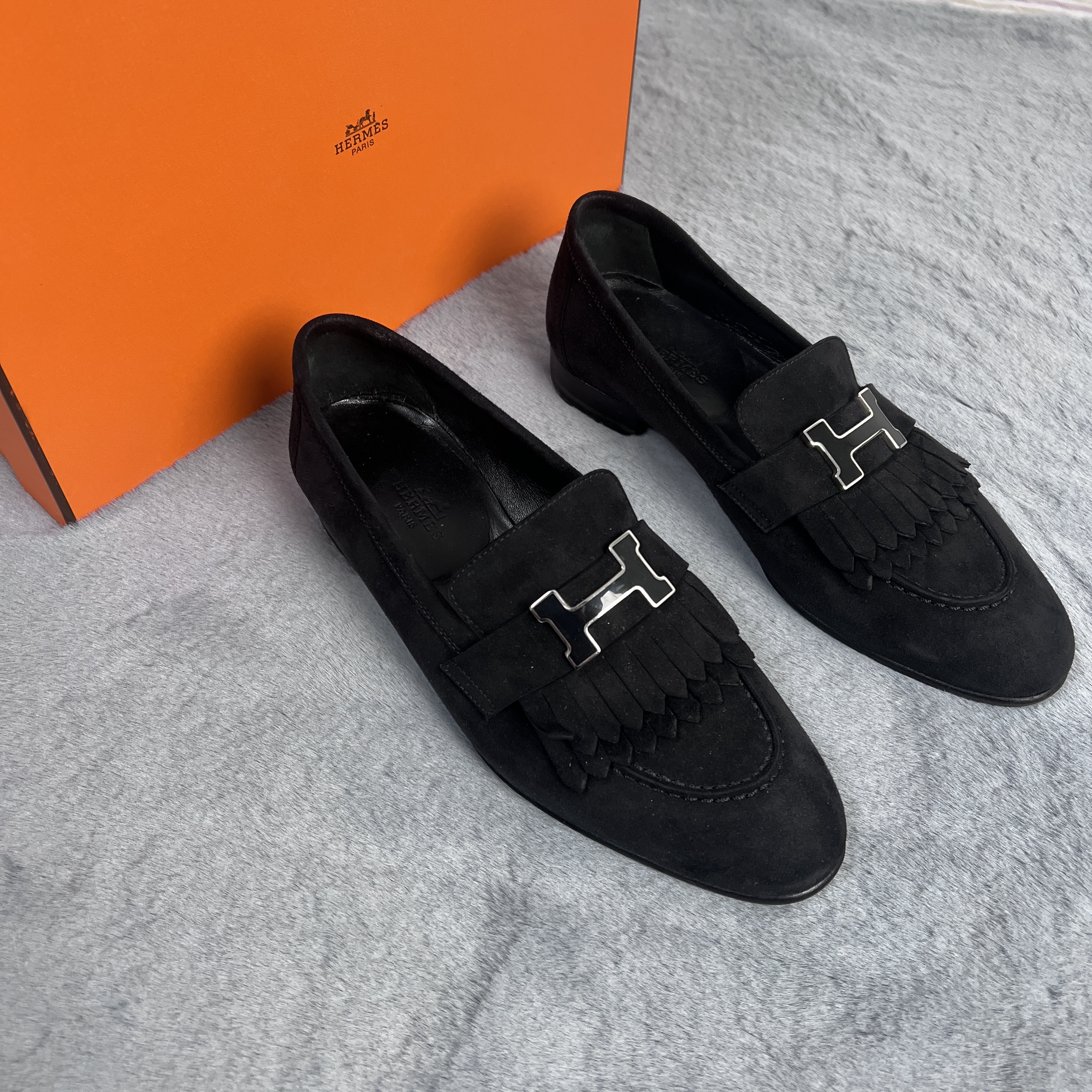 99新 Hermes/爱马仕 35.5码！爱马仕royal绒面乐福鞋单鞋黑色平底