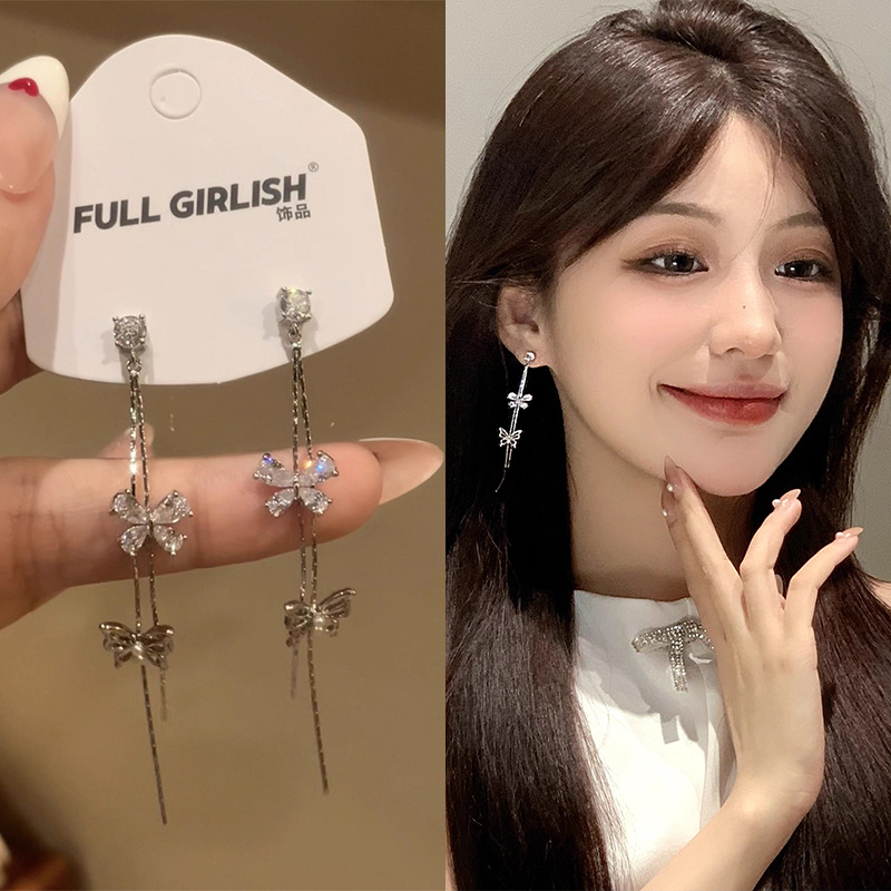 铜合金锆石耳饰 轻奢小众高级感长款流苏微镶锆石蝴蝶结耳钉
