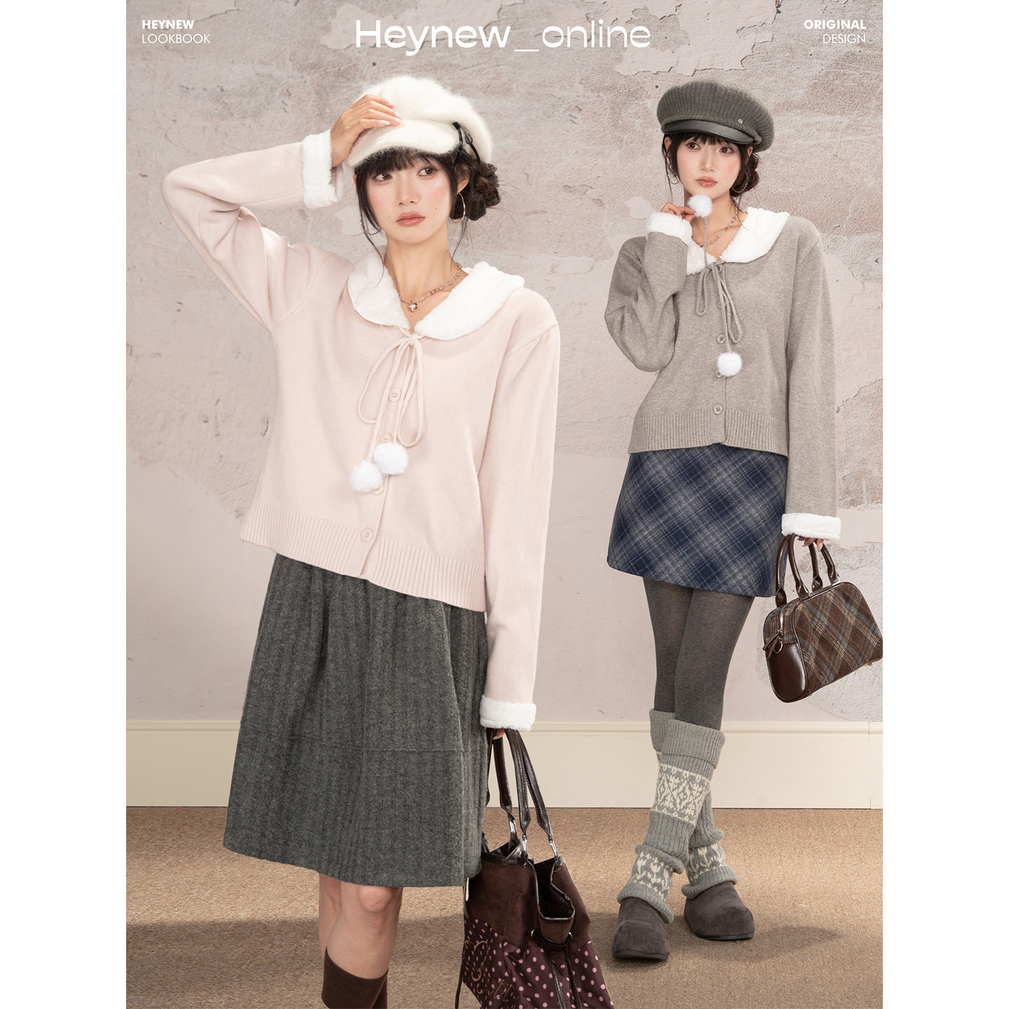 【HEYNEW黑妞】甜美粉色系带毛球毛毛翻领女冬季甜妹减龄上衣5D260