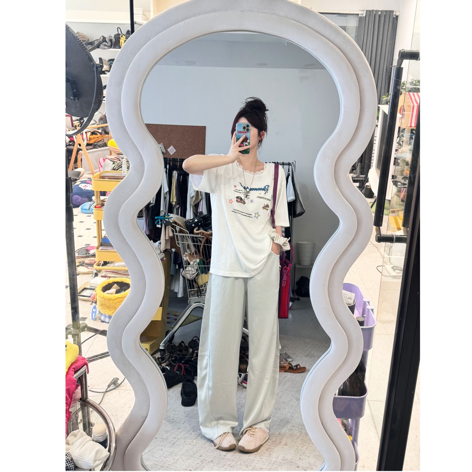 晶咕【盖帽小狗】韩系领口拼蕾丝边可露肩短袖T恤上衣