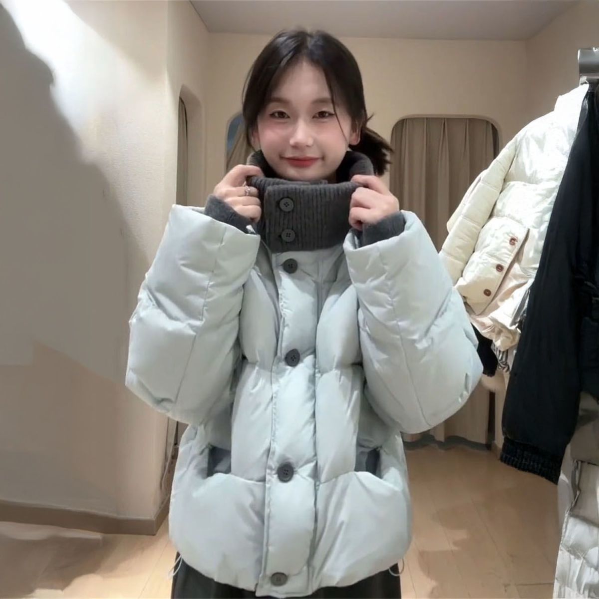 韩版设计感针织立领撞色棉服外套女冬季新款慵懒风百搭保暖面包服