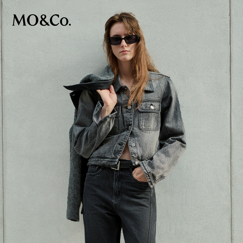 【陈大可专属】MOCO秋洗磨冷灰色T型短款棉牛仔夹克外套MBD3JKT005
