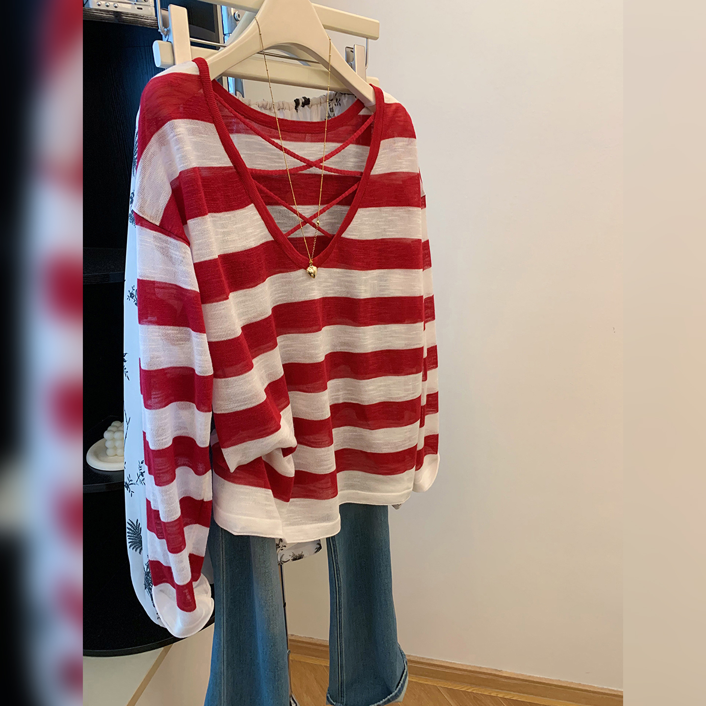 2025秋季条纹透气防晒衣休闲显瘦宽松长袖露背针织上衣t恤亲肤女