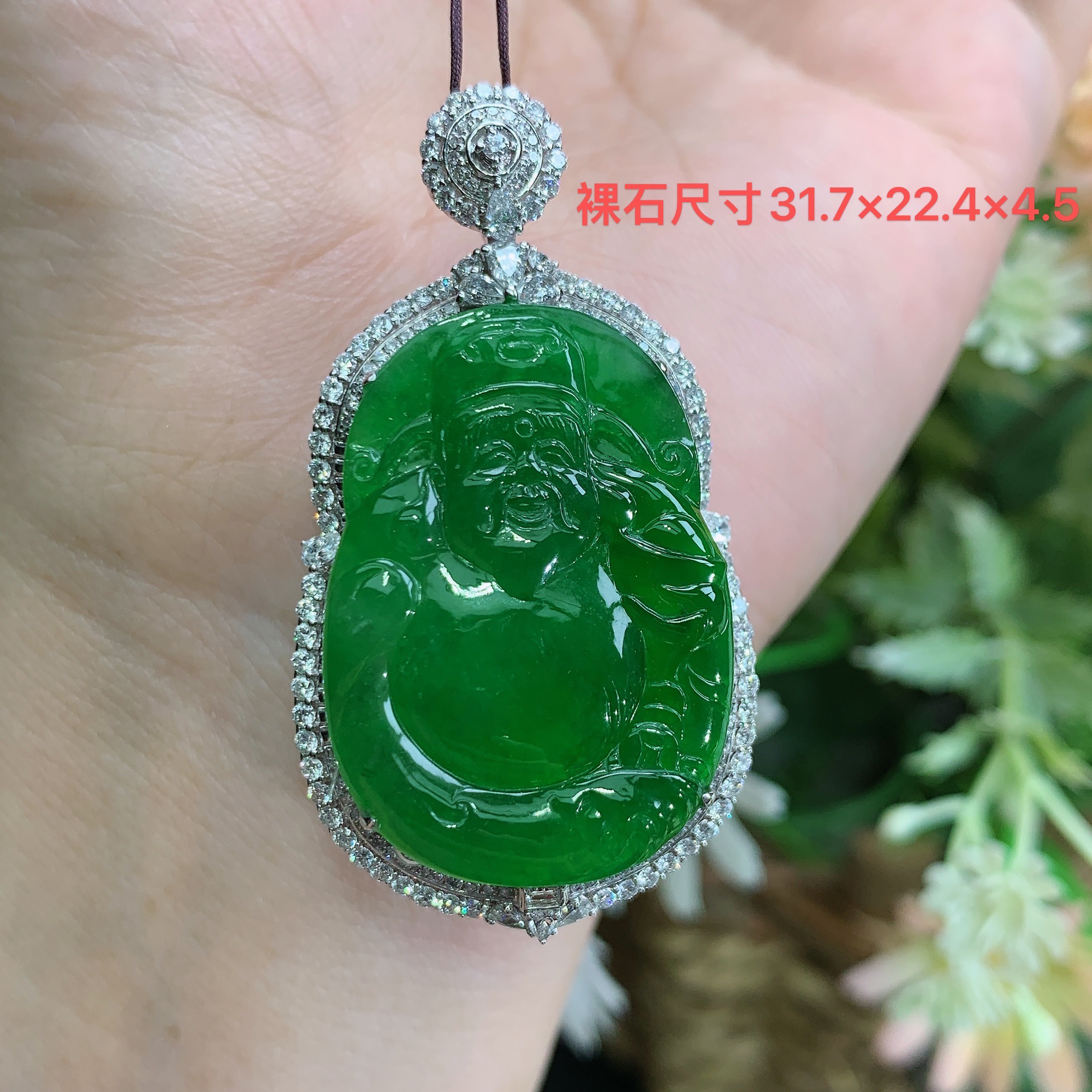 缅甸天然翡翠A货18k冰种起胶阳绿财神吊坠缘尺寸48.3×26.4×12.2