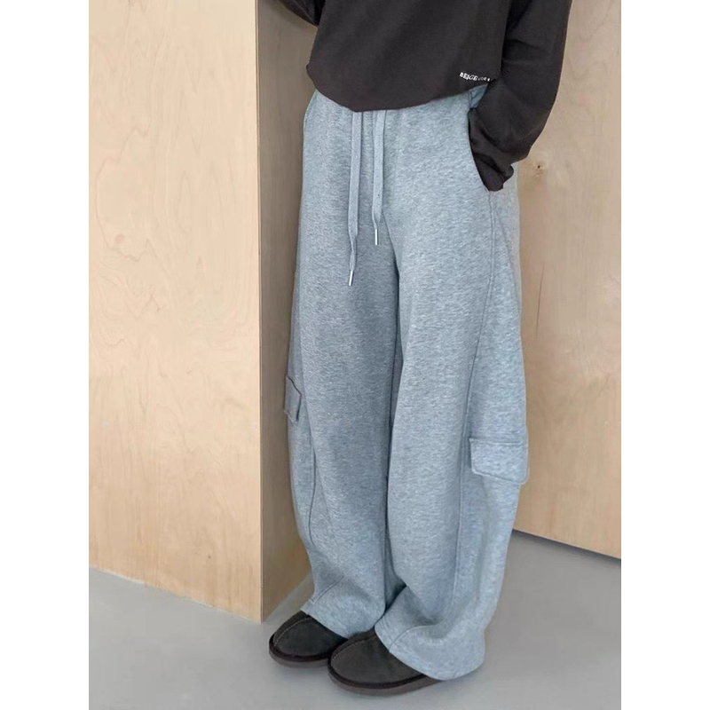 慕予【弯刀阔腿裤】beig*冬刺绣加绒休闲裤女弯刀裤阔腿卫裤加厚