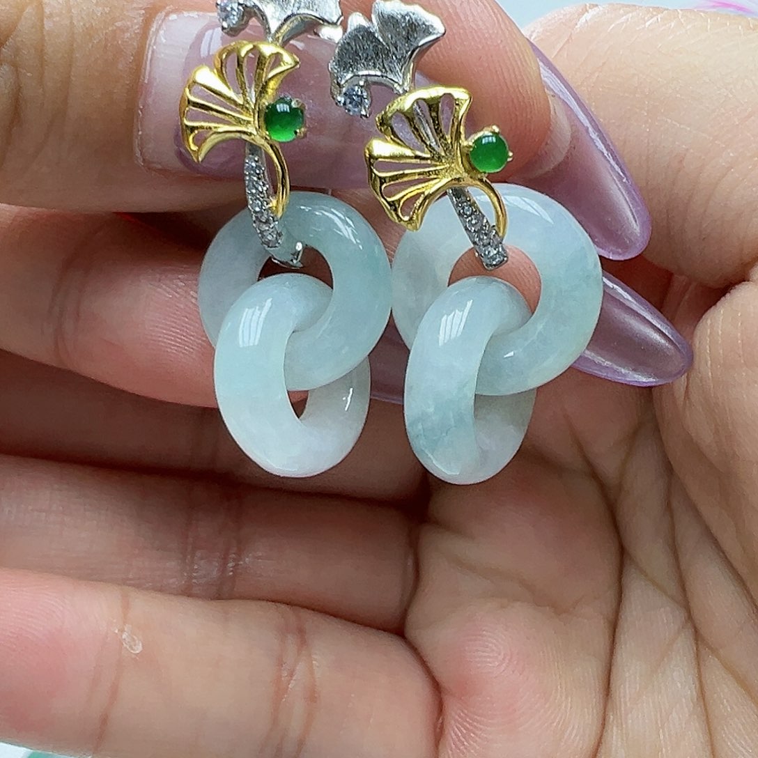 翡翠银S925镶嵌耳饰半*✨天然缅甸A货翡翠