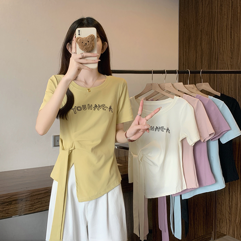 X大码设计感绑带短袖女T恤2025夏季微胖MM欧若风纯色百搭显瘦上衣