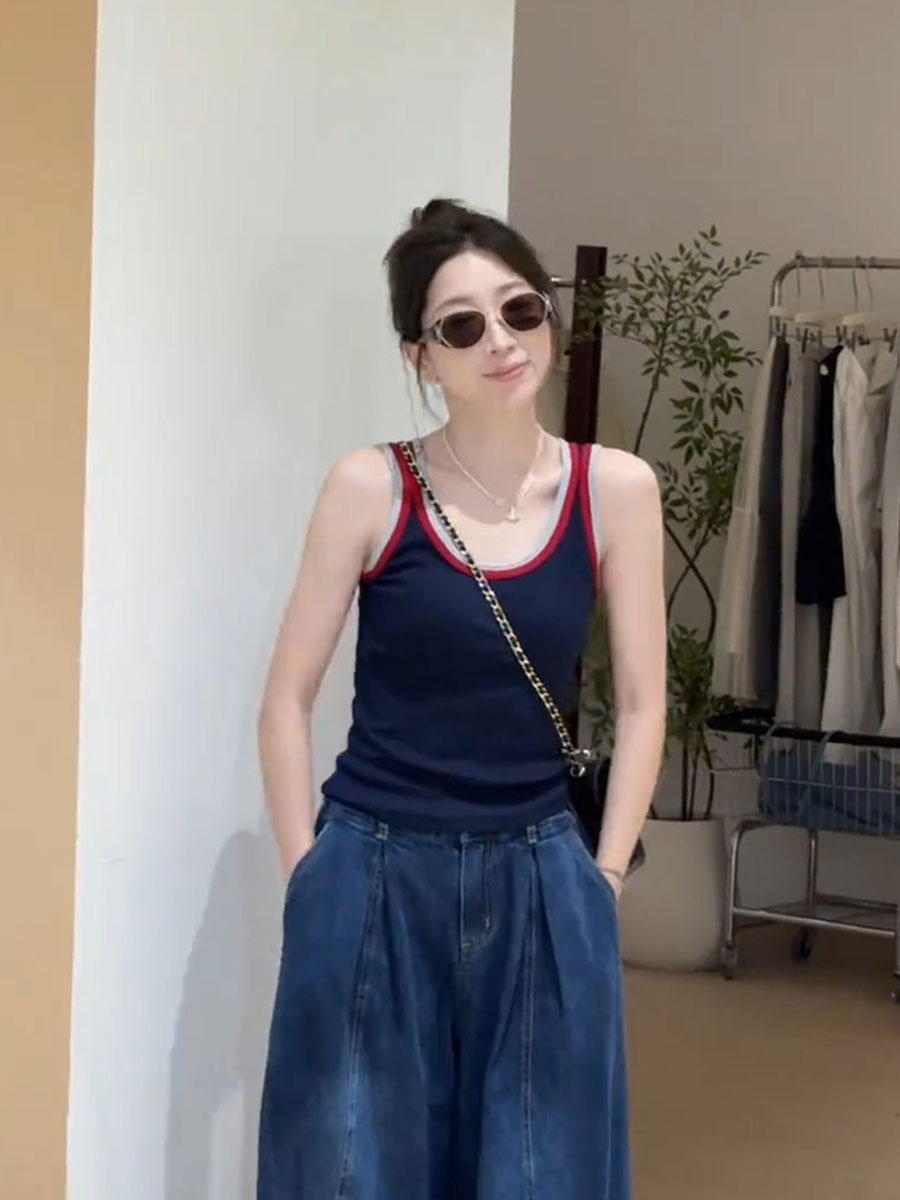 时尚撞色拼接无袖背心女2025夏季新款修身显瘦百搭洋气减龄小衫潮